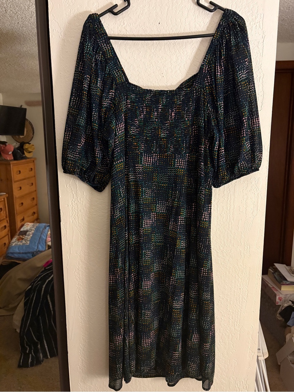 CAbi Black Multi-Color Puff Sleeve Midi Dress